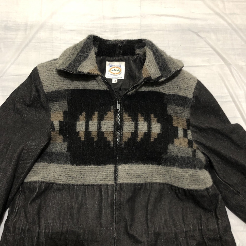 Montana Coat Company Aztec Wool Jacket Women Small Black Denim Coat Full Zip VTG